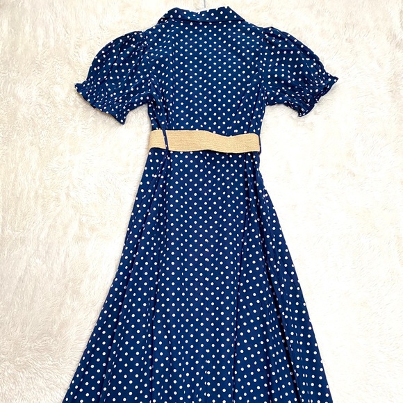 WE WORE WHAT — Vintage Inspired Navy Polka Dot Dress - Picture 6 of 8